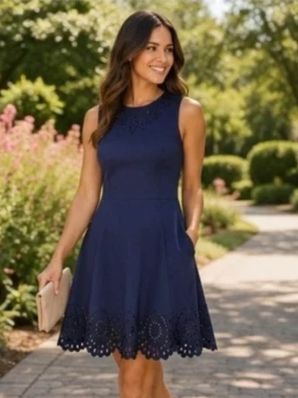 kate spade Navy Sleeveless Fit-and-Flare Eyelet-Hem Mini Dress